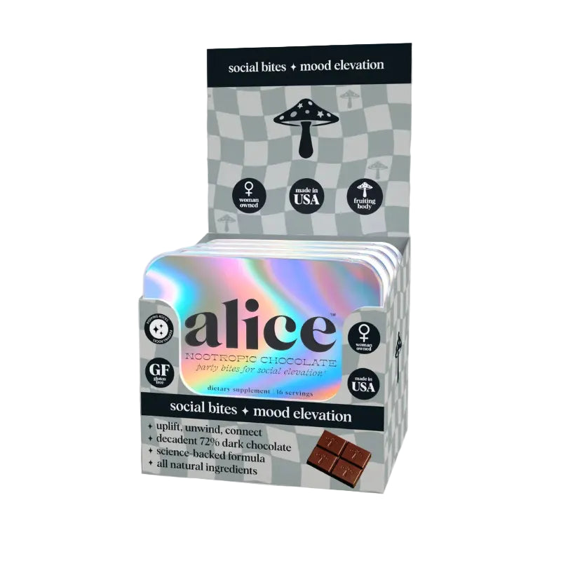 Box of Alice Neotrophic Chocolates with colorful packaging on a gray background