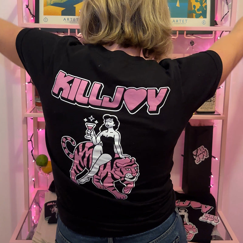 Killjoy Logo Tee - Killjoy Tiger Logo in White and Pink. T-shirt is black.